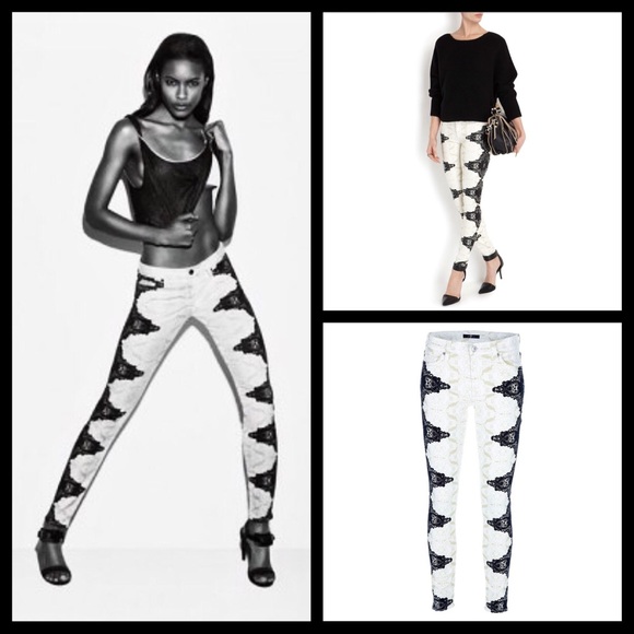 7FAM lace pattern printed color block skinny jeans - Picture 2 of 8